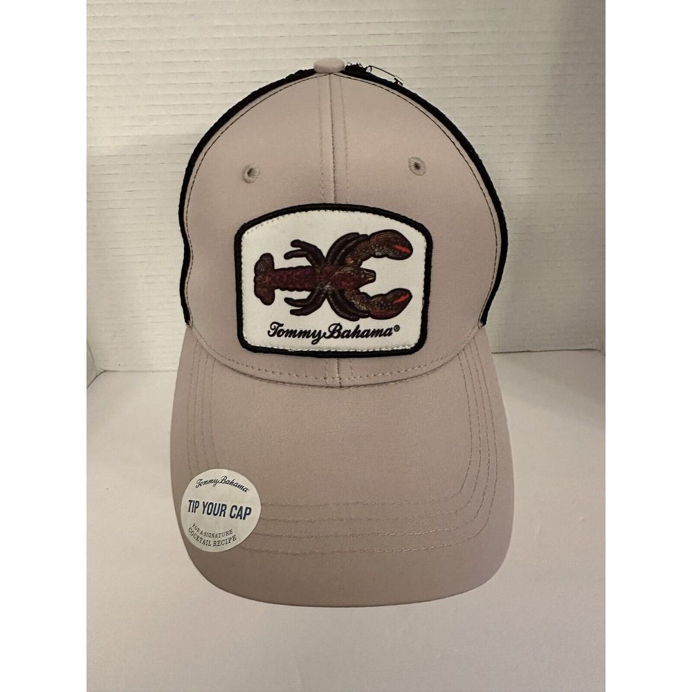 New Tommy Bahama Hat Lobster Patch Trucker Tip Your Cap Mesh Tan/Black Snapback